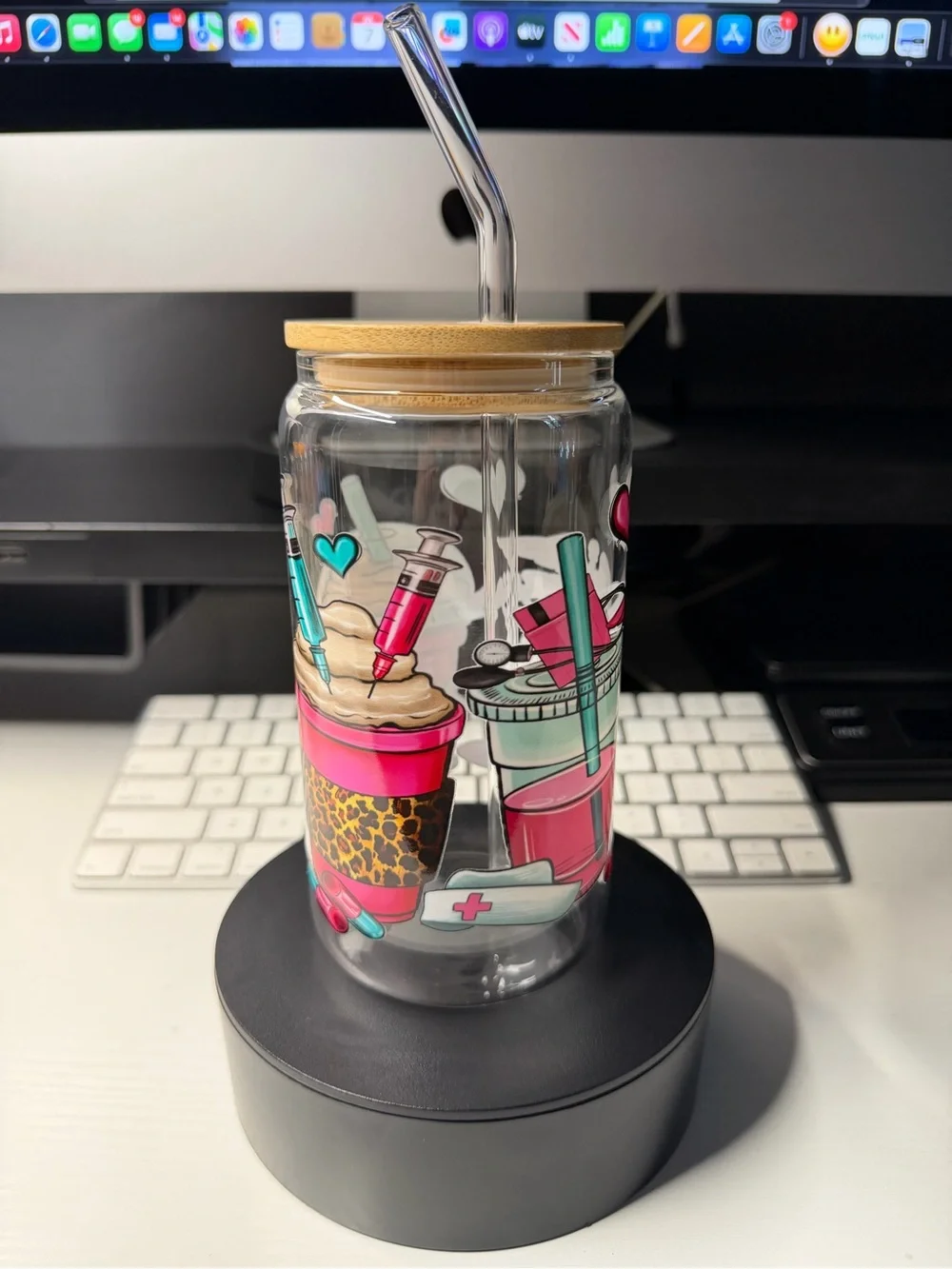 Clear Glass Tumbler With Pink Medical & Coffee Graphics